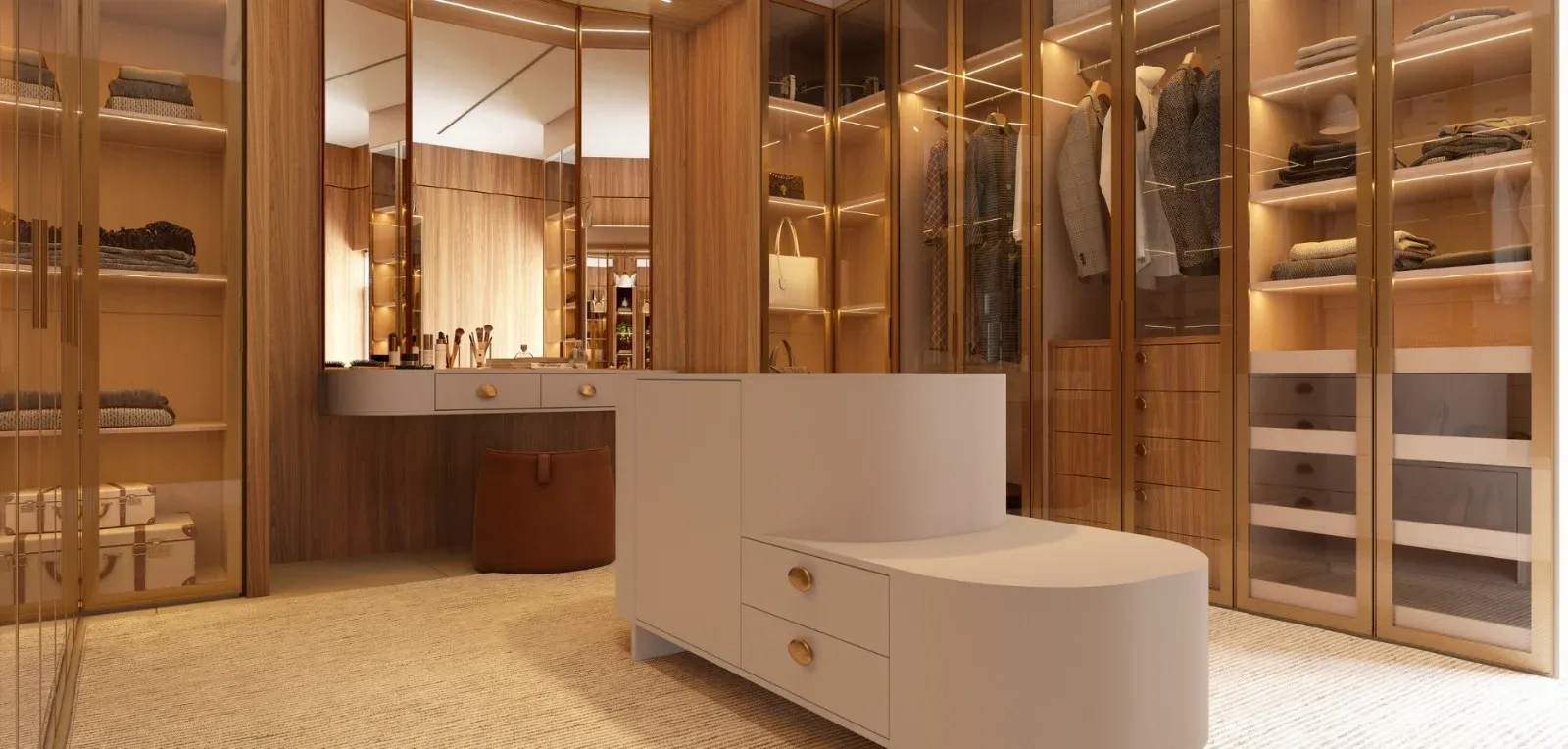 Closet com portas de vidro, iluminação interna e ilha clara