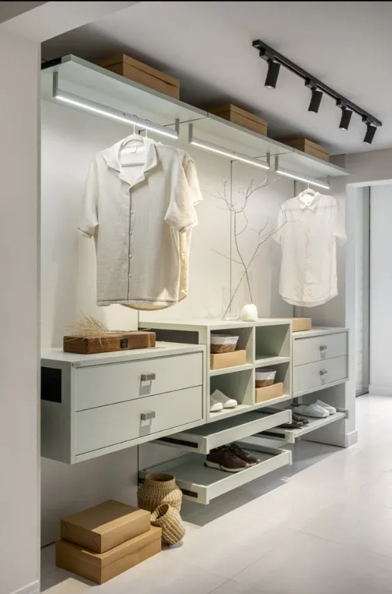 Closet aberto com araras, gavetas e prateleiras em verde claro