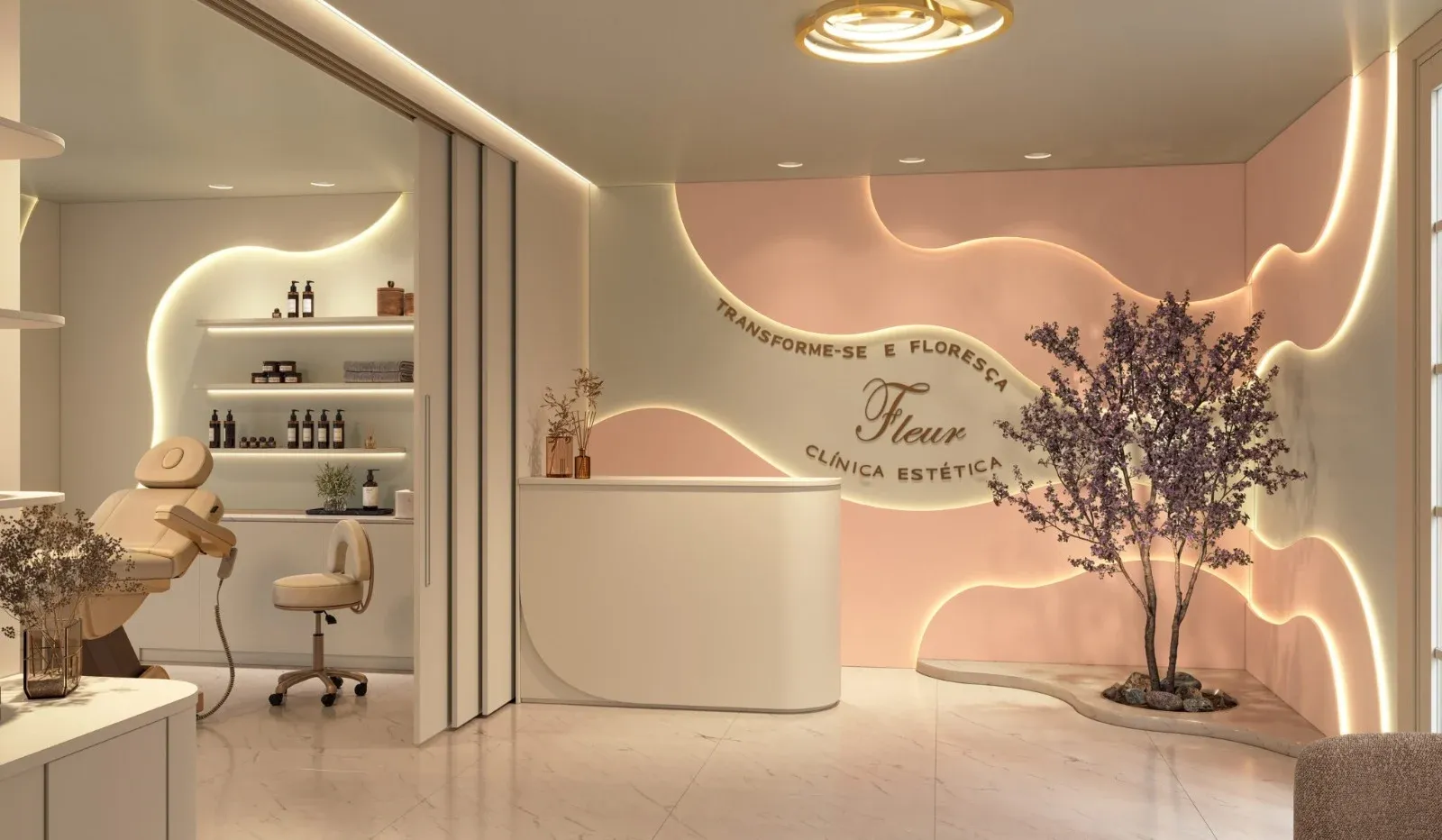 Recepção de clínica de estética com balcão curvo e iluminação embutida