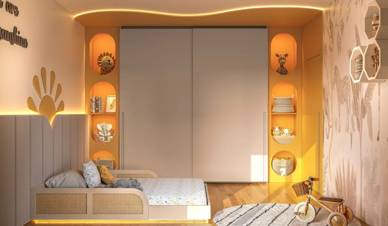 Quarto infantil com armário de correr e nichos iluminados em arco