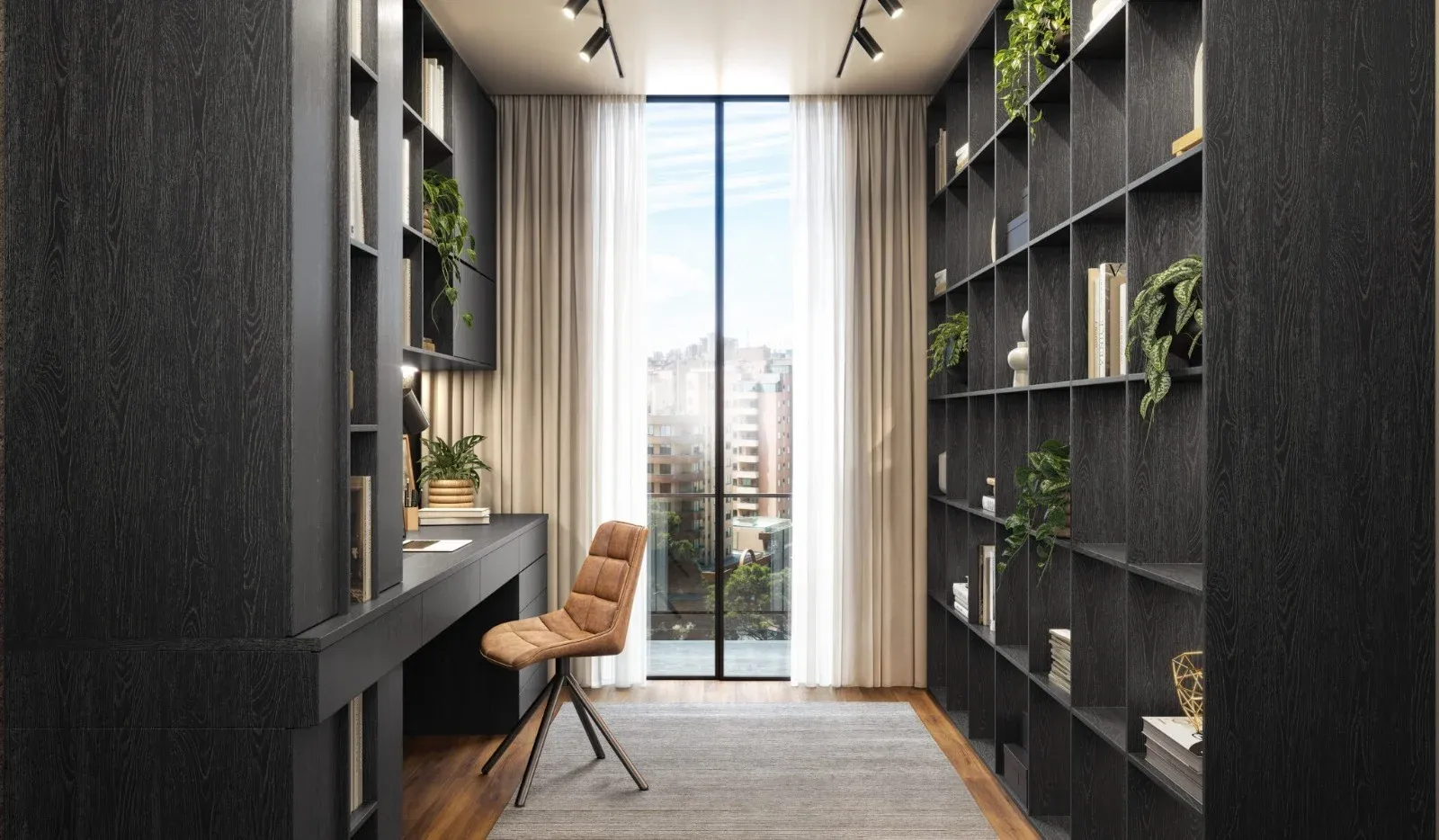 Home office com estante preta, escrivaninha e cadeira de couro